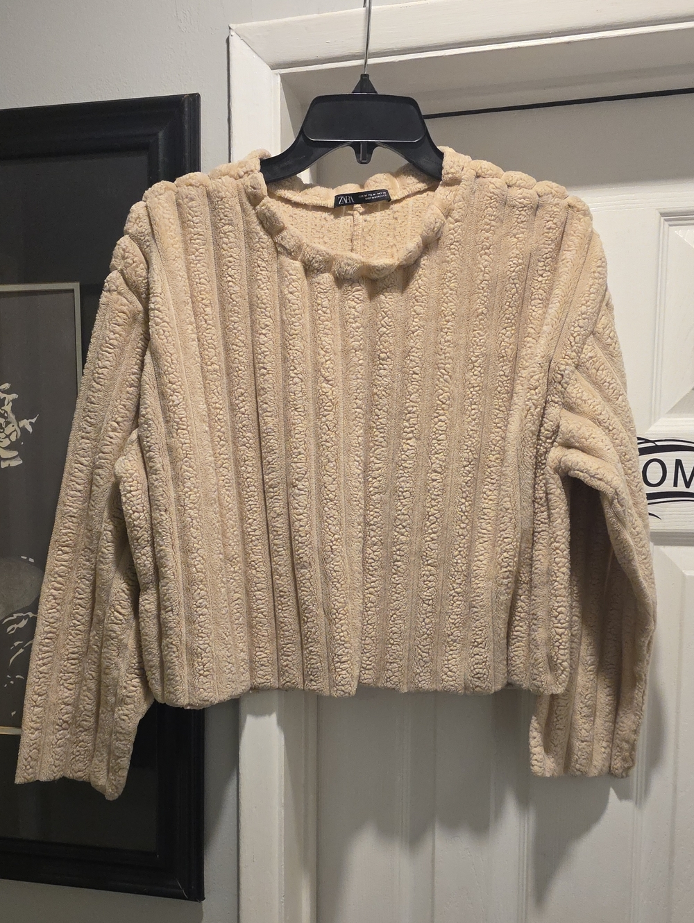 ZARA Beige Plush Ribbed Crewneck Sweater